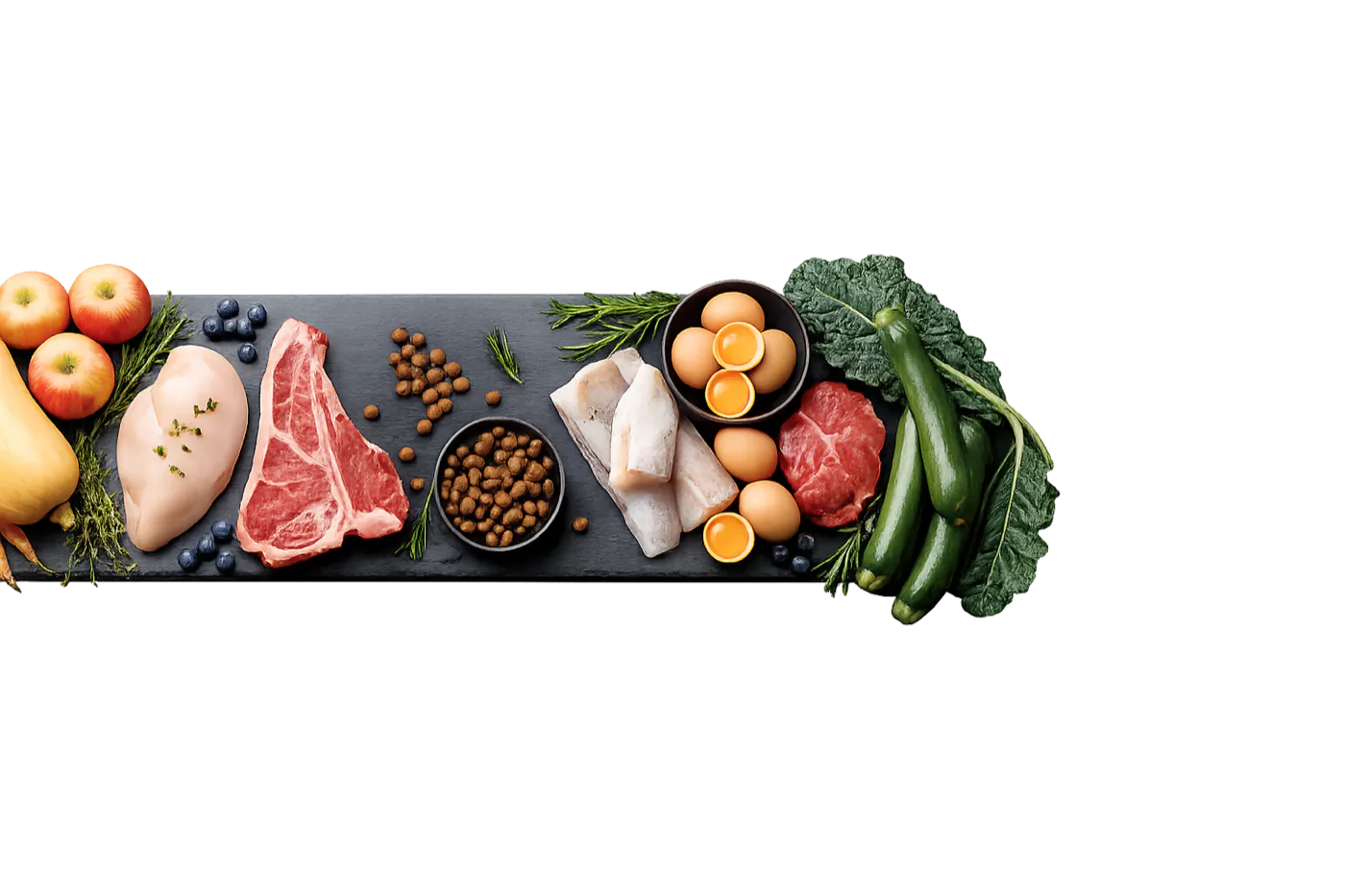 Raw chicken, beef, fish and eggs with kibble, fruit and vegetables on a slate board