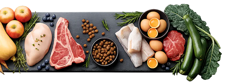 Raw chicken, beef, fish and eggs with kibble, fruit and vegetables on a slate board