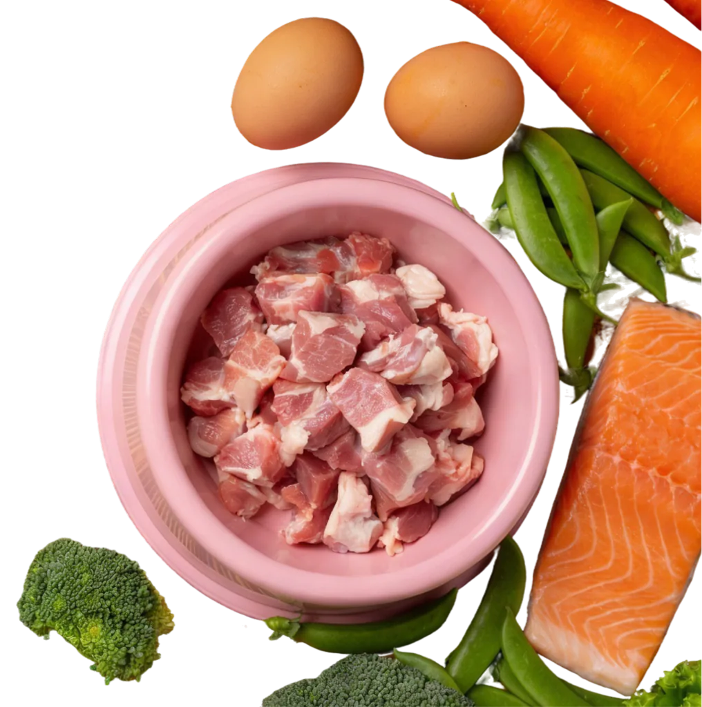 A pink bowl of raw diced meat with eggs, salmon, carrots and broccoli