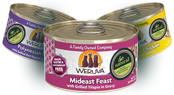 A WERUVA Mideast Feast tin in front of two other WERUVA cat food tins