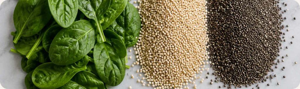 Spinach leaves, quinoa and chia seeds