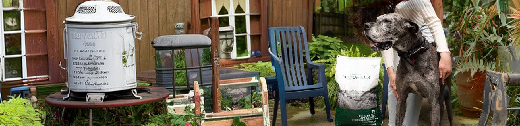 A grey Great Dane with its owner in a cottage garden beside a bag of Diamond Naturals