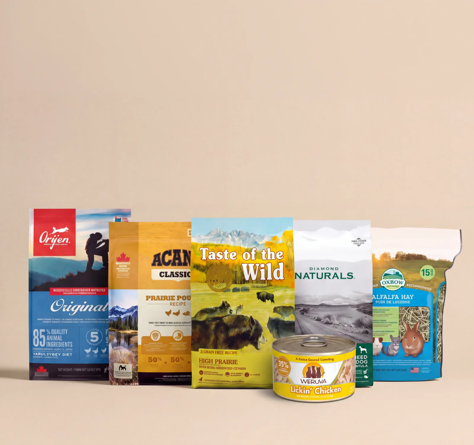 ORIJEN, ACANA, Taste of the Wild, Diamond Naturals, WERUVA and Oxbow food packs