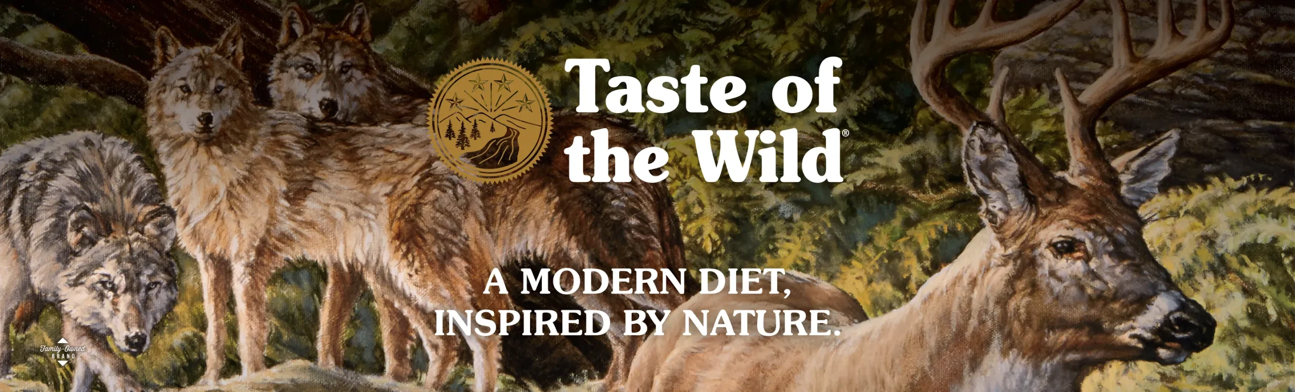 Taste of the Wild logo and the words “A modern diet, inspired by nature” over a painting of wolves and a stag in a forest